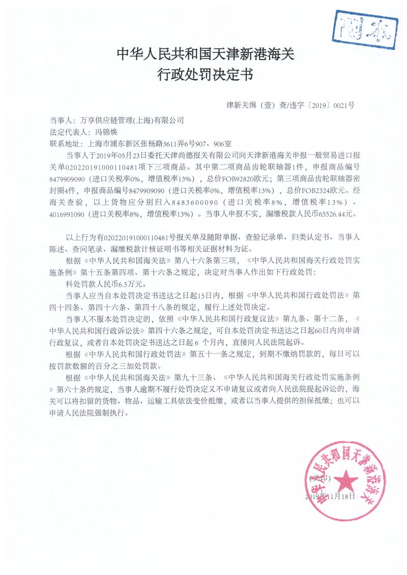 津新关缉（壹）违字〔2019〕0021号处罚决定书