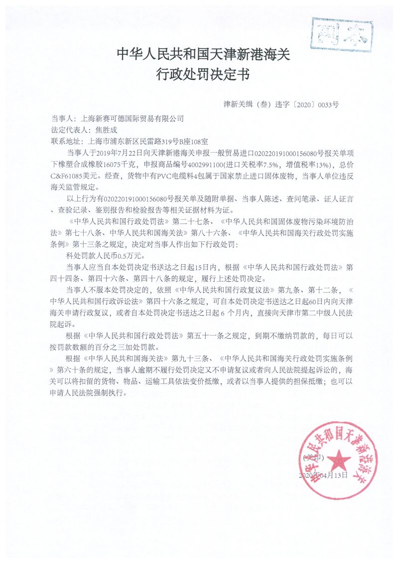 津新关缉（叁）违字〔2020〕0033号处罚决定书