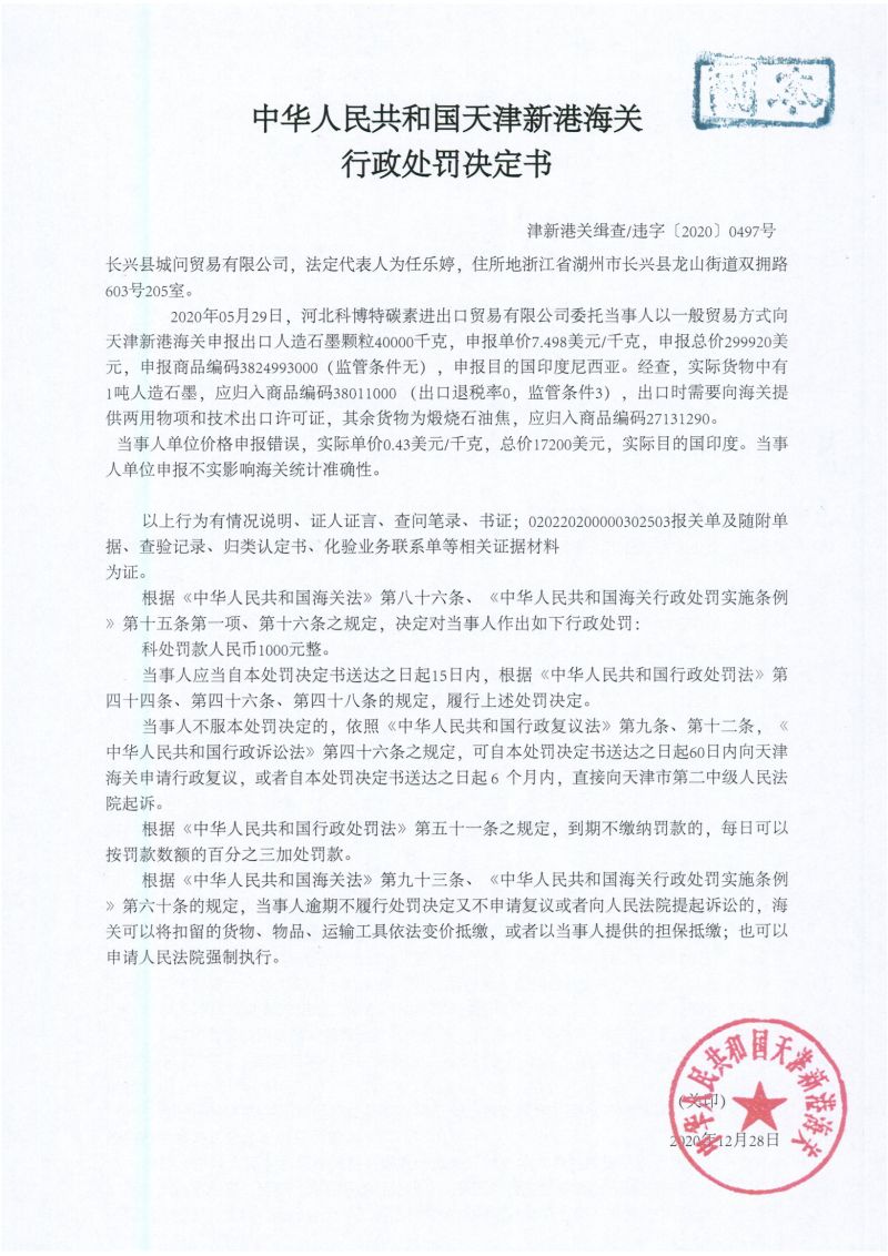津新港关缉违字〔2020〕0497号处罚决定书