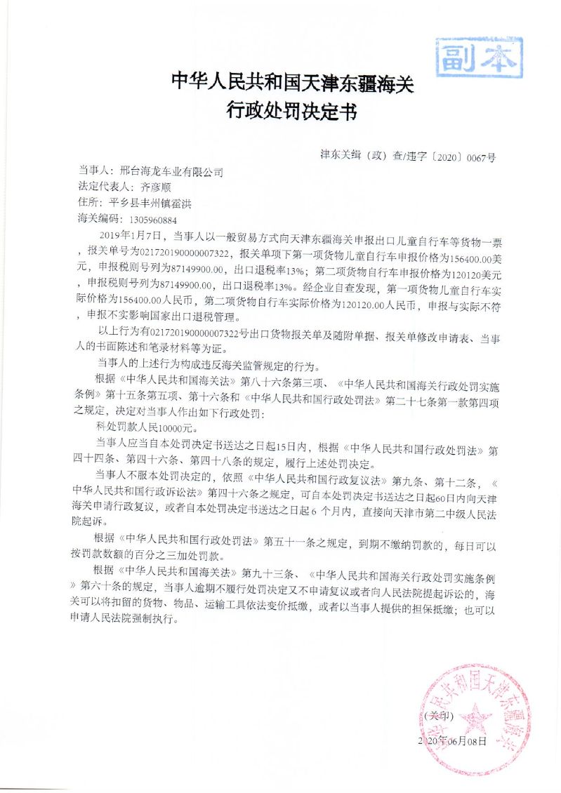 津东关缉（政）查违字〔2020〕0067号行政处罚决定书