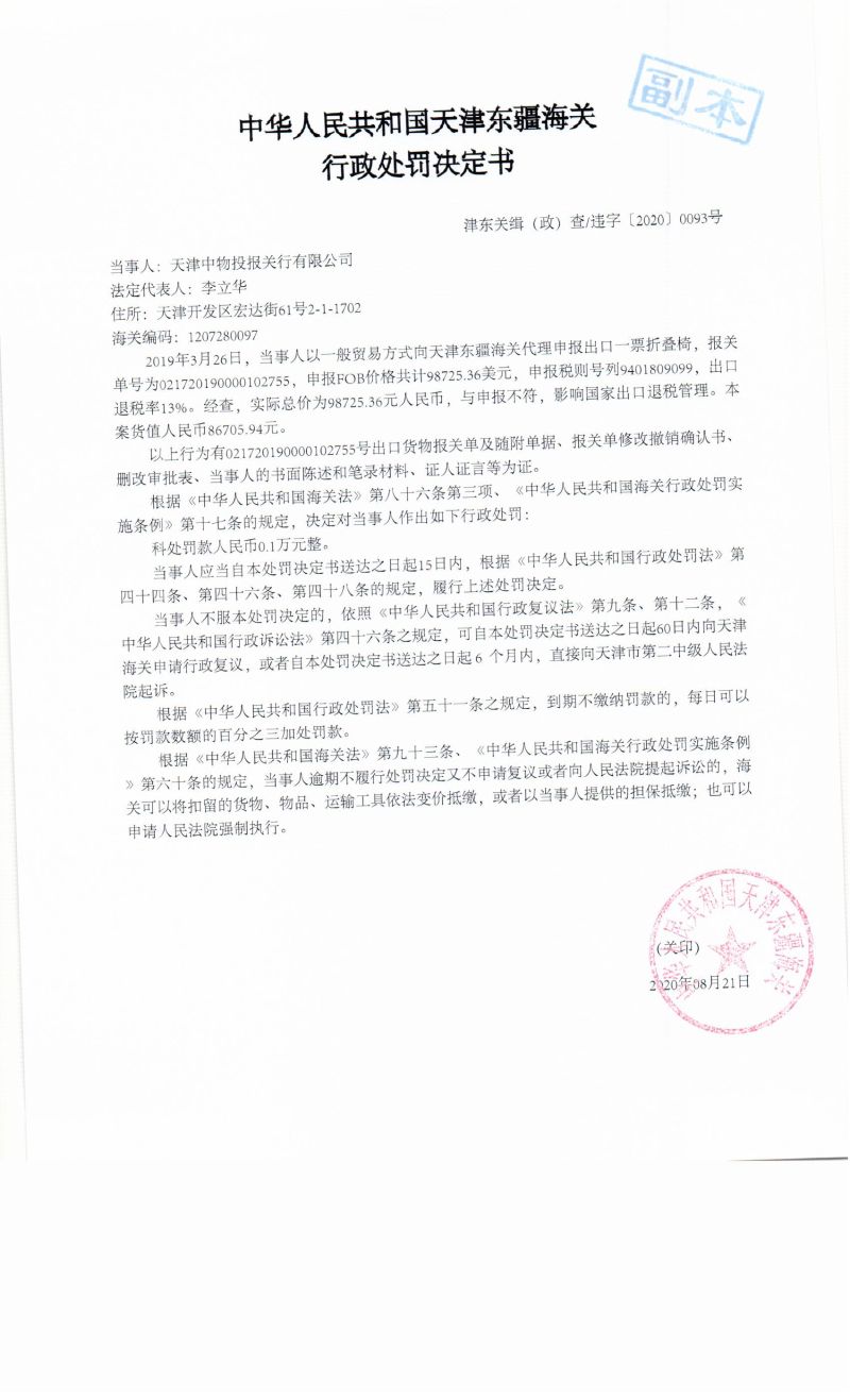 津东关缉（政）查违字〔2020〕0093行政处罚决定书