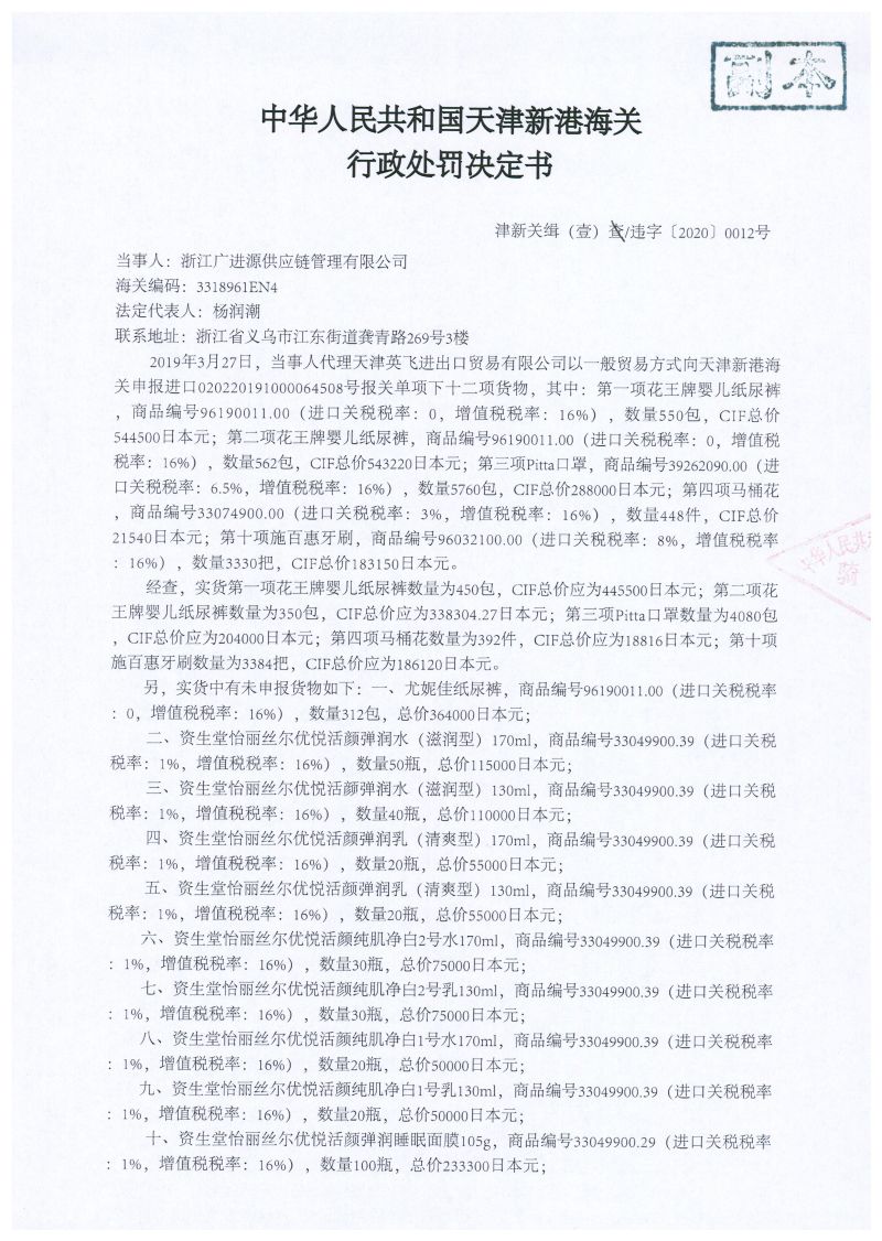 津新关缉（壹）违字〔2020〕0012号处罚决定书-1