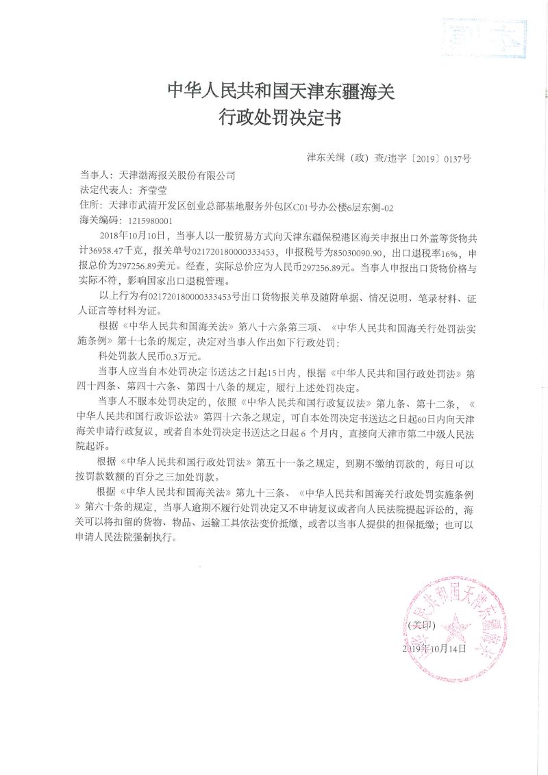 津东关缉（政）查违字〔2019〕0137号处罚决定书