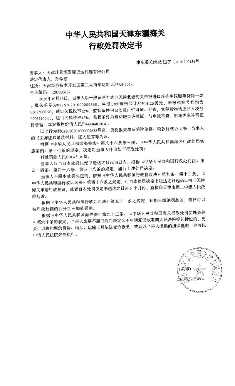 津东关缉（政）查违字〔2020〕0154号决定书