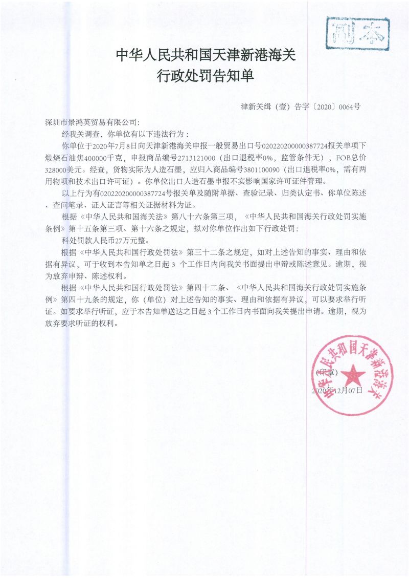 津新港关缉违字〔2020〕0064号处罚单