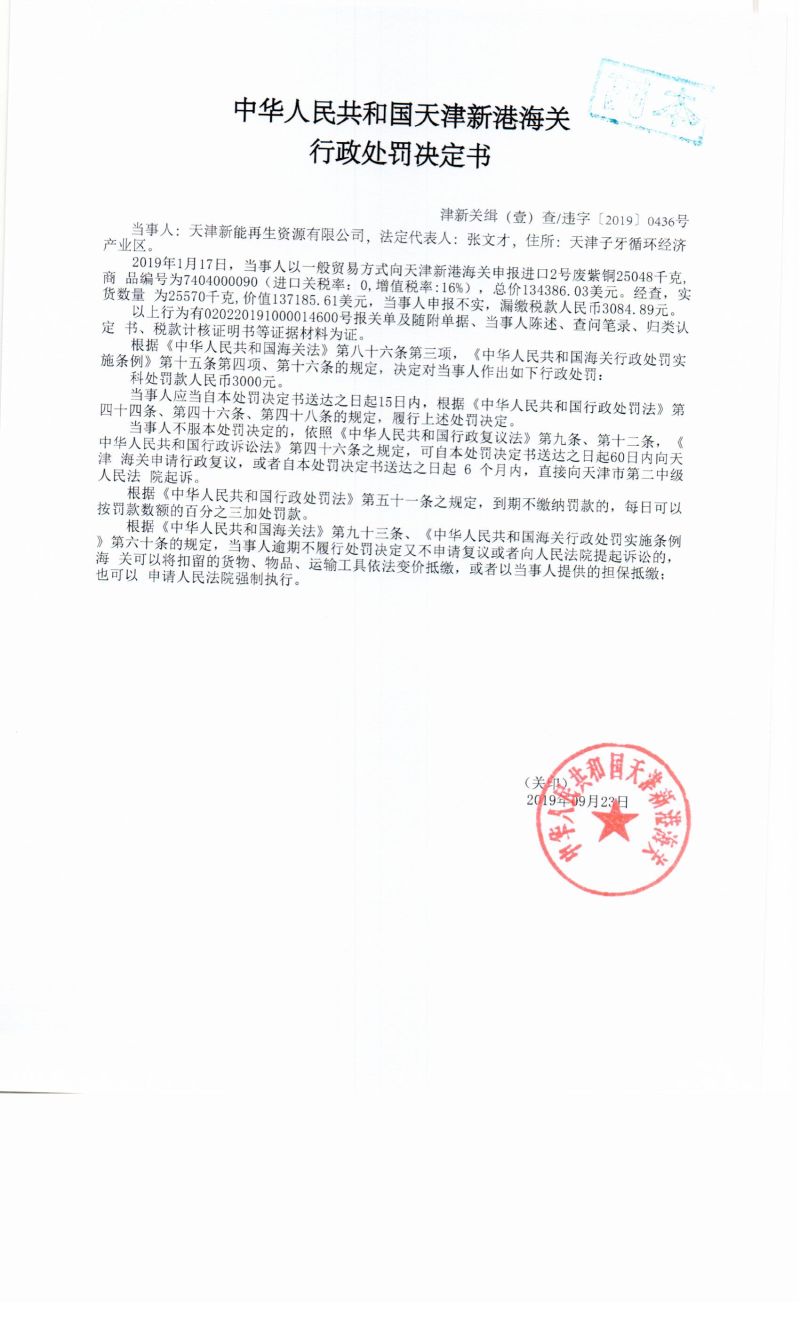 津新关缉（壹）查违字〔2019〕0436号决定书