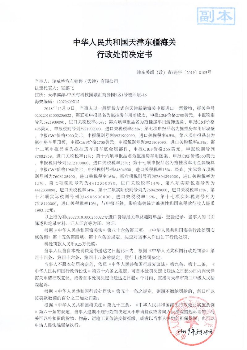 津东关缉（政）查违字〔2019〕0105号处罚决定书