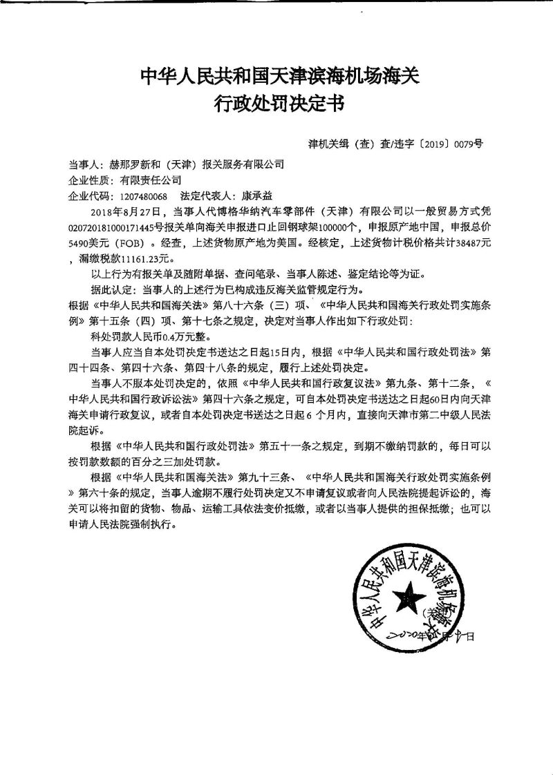 津机关缉（查）查违字〔2019〕0079号行政处罚决定书