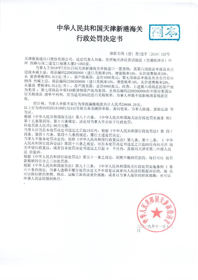津新关缉违字〔2019〕025处罚决定书