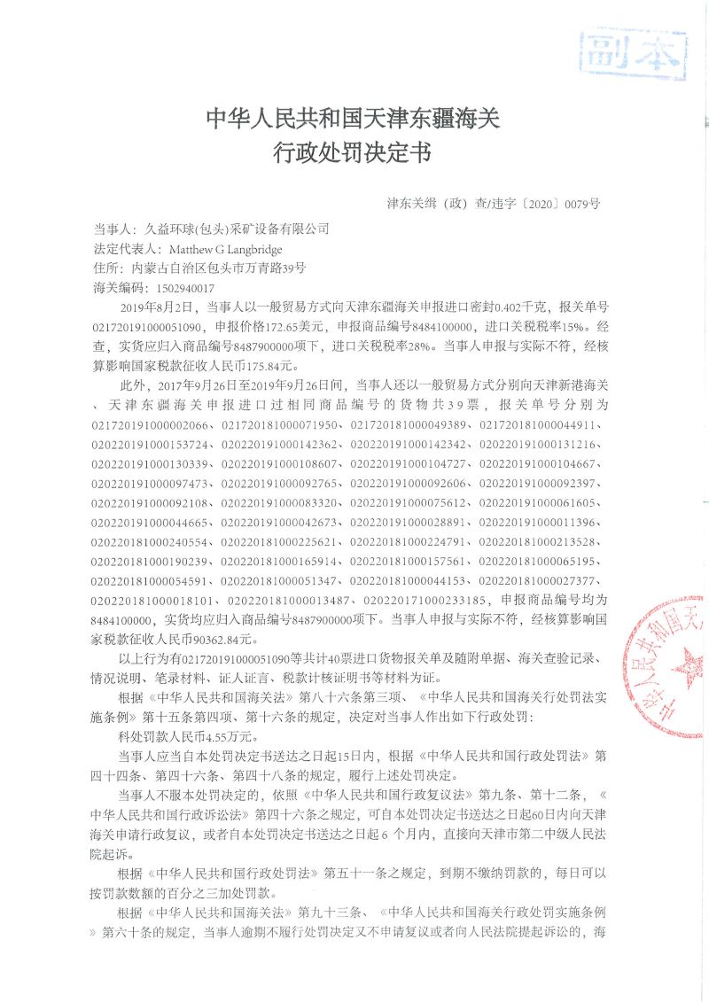 津东关缉（政）查违字〔2020〕0079号行政处罚决定书