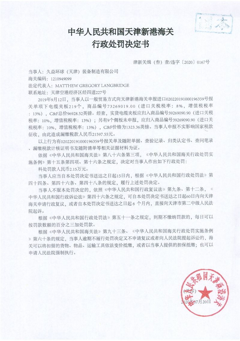 津新关缉（叁）违字〔2020〕0167号处罚决定书