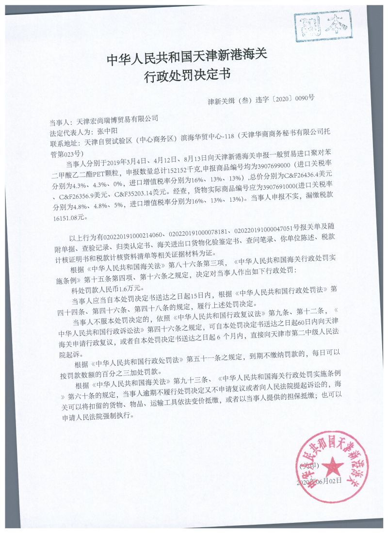 津新关缉（叁）违字〔2020〕0090号处罚决定书
