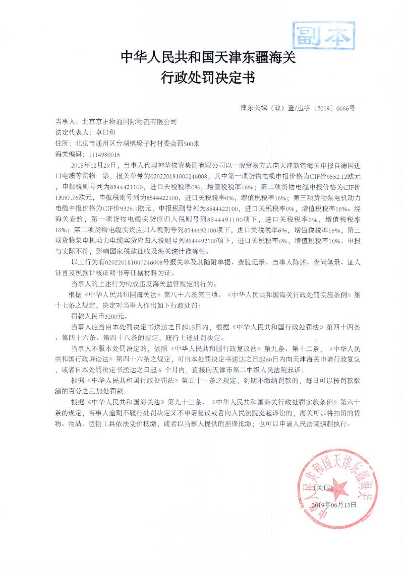 津东关缉（政）查违字〔2019〕0066号行政处罚决定书