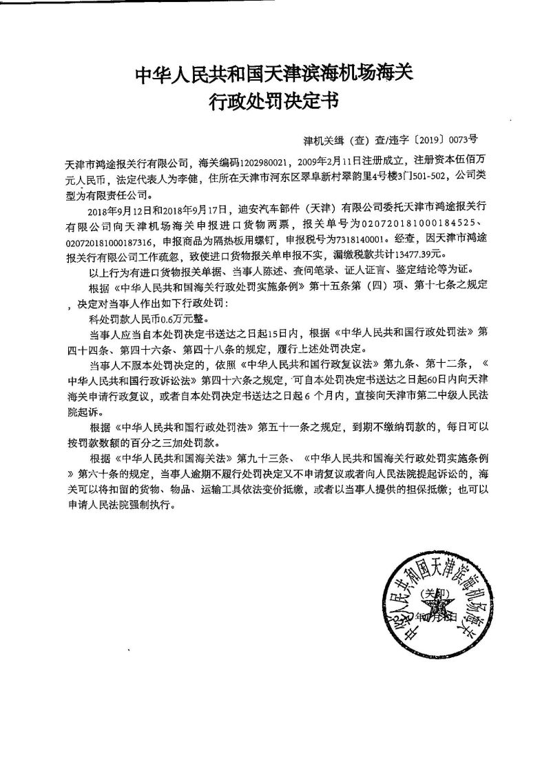 津机关缉（查）查违字〔2019〕0073号行政处罚决定书