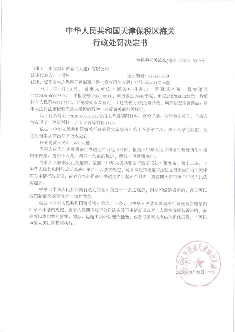 津保税区关缉违字〔2020〕0012号处罚决定书