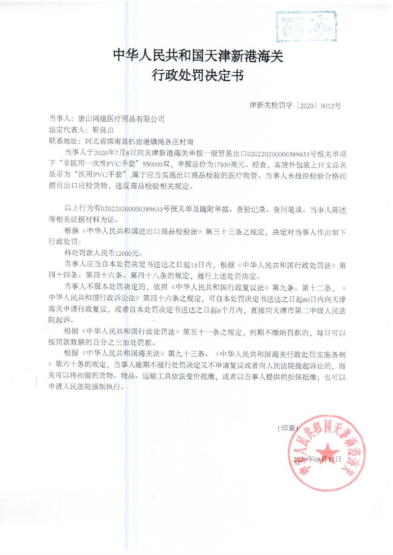 津新关检罚字〔2020〕0012号处罚决定书