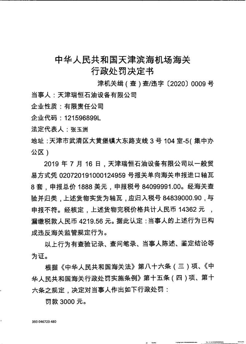 津机关缉（查）查违字〔2020〕0009号行政处罚决定书1