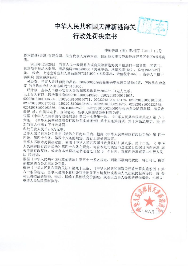 津新关缉违字〔2019〕112号处罚决定书