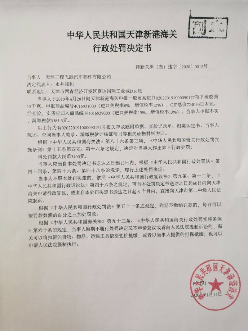 津新关缉（叁）违字〔2020〕0012号 处罚决定书