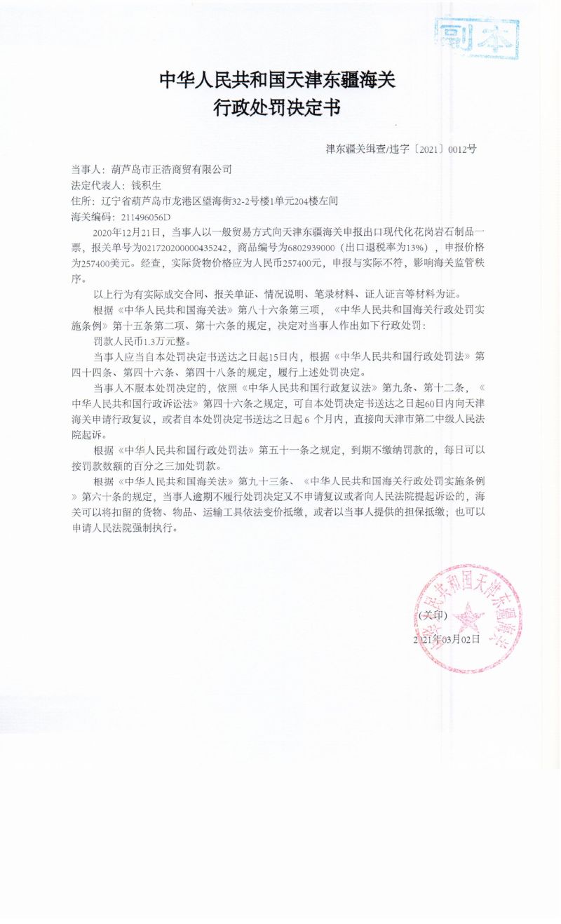 津东疆关缉查违字〔2021〕0012号决定书 津东疆关缉查违字〔2021〕0012号决定书