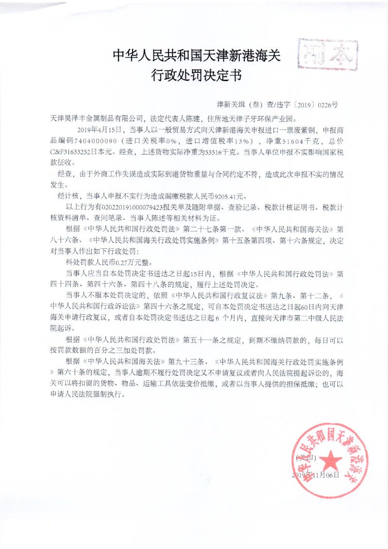 津新关缉违字〔2019〕226号处罚决定书
