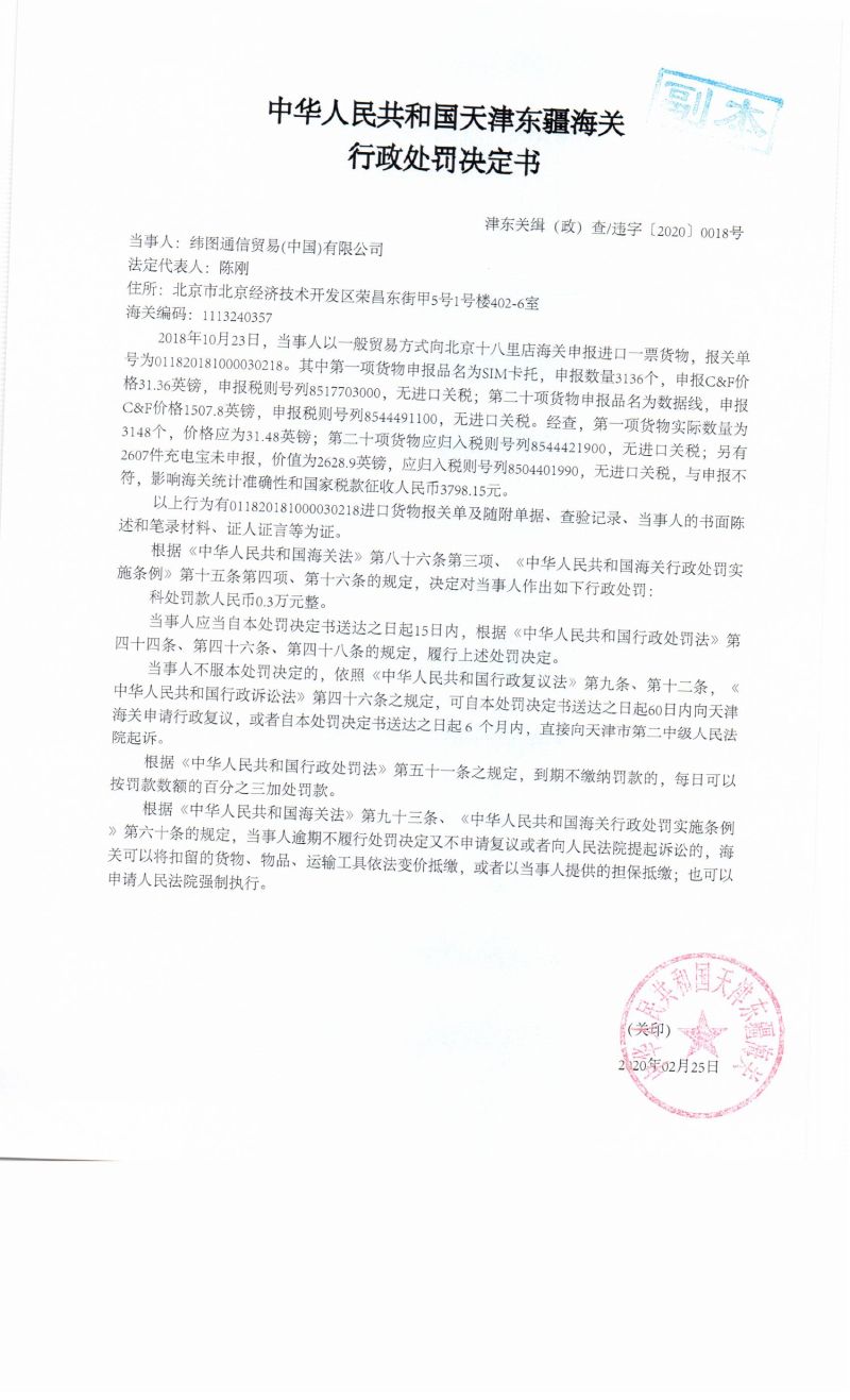 津东关缉(政)查违字〔2020〕0018号决定书 津东关缉(政)查违字〔2020〕0018号决定书