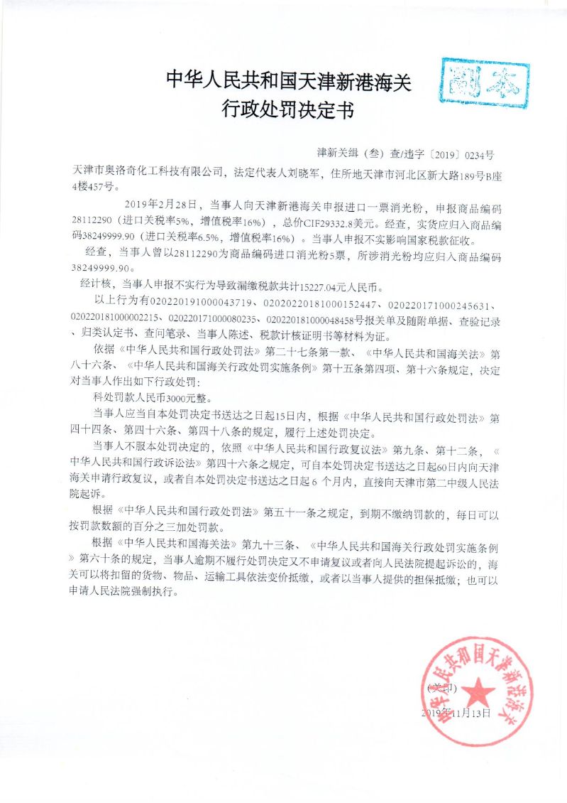 津新关缉违字〔2019〕234处罚决定书