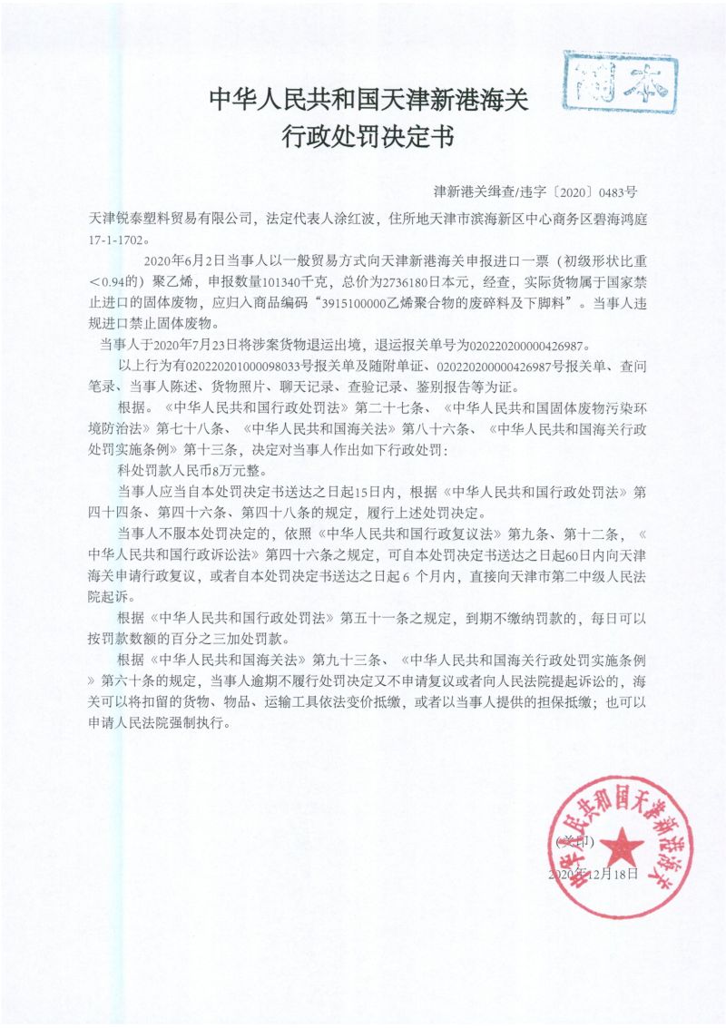 津新港关缉违字〔2020〕0483号处罚决定书