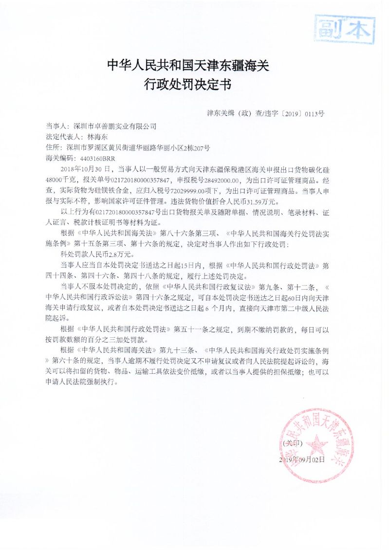 津东关缉（政）查违字〔2019〕0113号处罚决定书