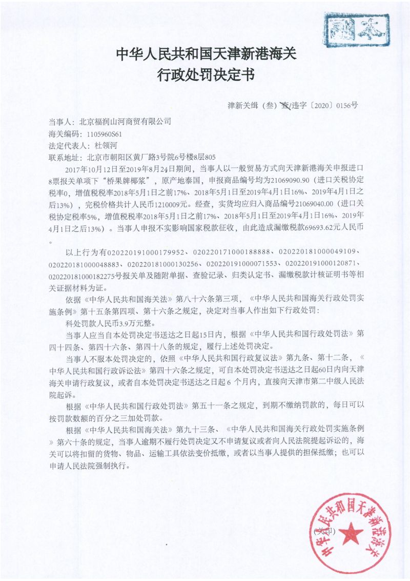 津新关缉（叁）违字〔2020〕0156号处罚决定书