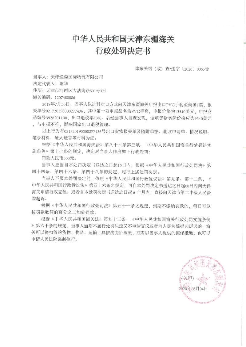 津东关缉（政）查违字〔2020〕0065号决定书