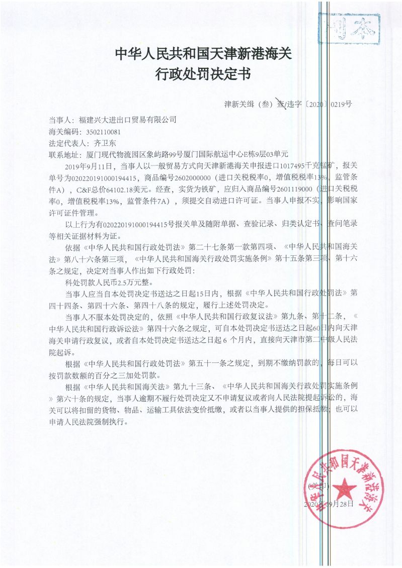 津新关缉（叁）违字〔2020〕0219号处罚决定书