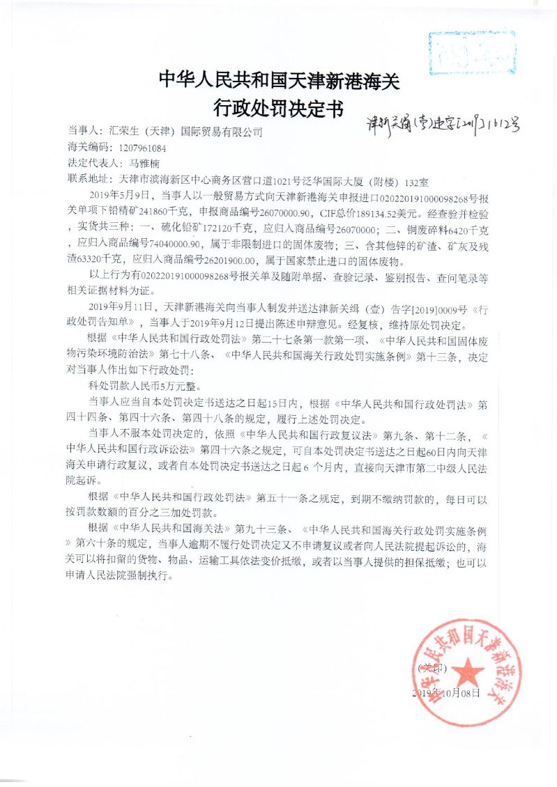 津新关缉(壹)违字〔2019〕1612号处罚决定书 津新关缉(壹)违字〔2019〕1612号处罚决定书