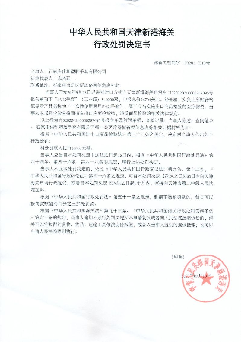 津新关检罚字〔2020〕0010号处罚决定书