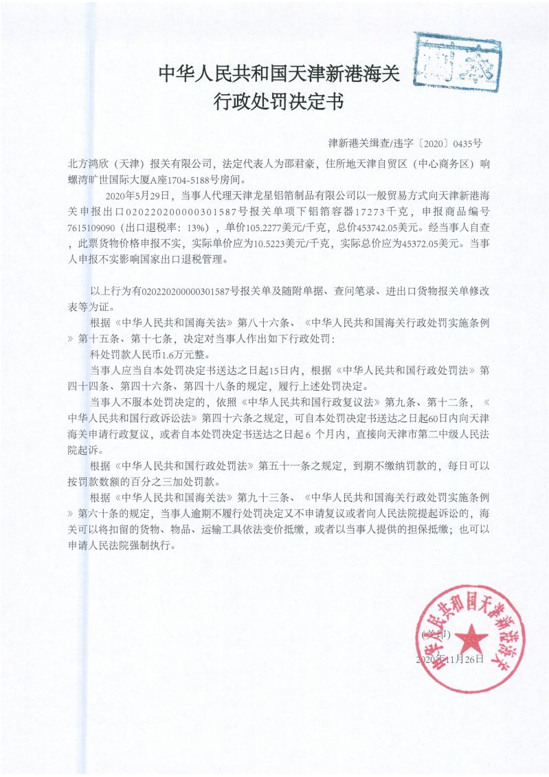 津新港关缉违字〔2020〕435号处罚单