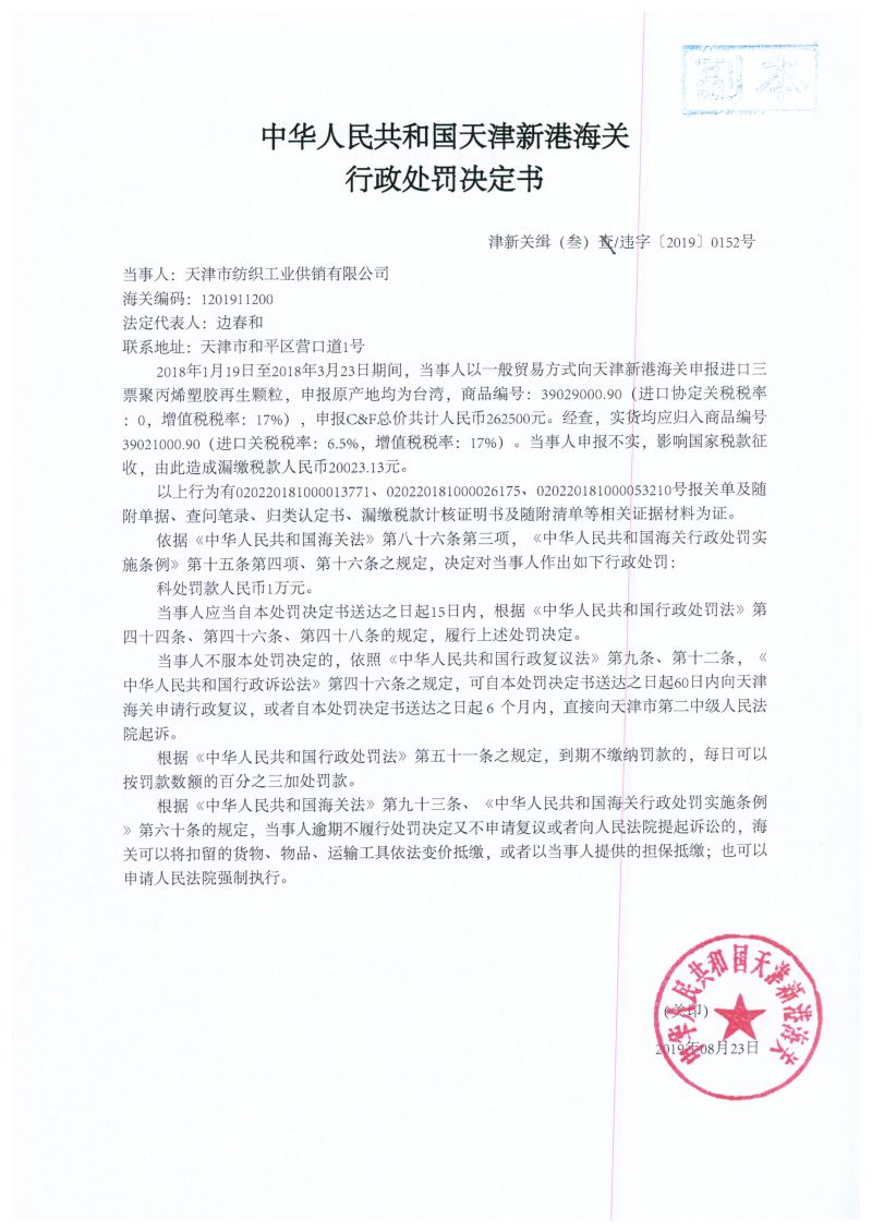 津新关缉（叁）违字[2019]0152号处罚决定书
