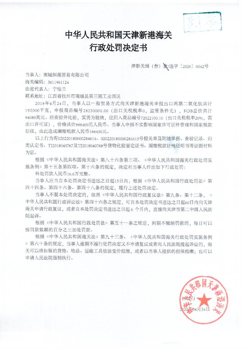 津新关缉(叁)违字〔2020〕0042号处罚决定书 津新关缉(叁)违字〔2020〕0042号处罚决定书