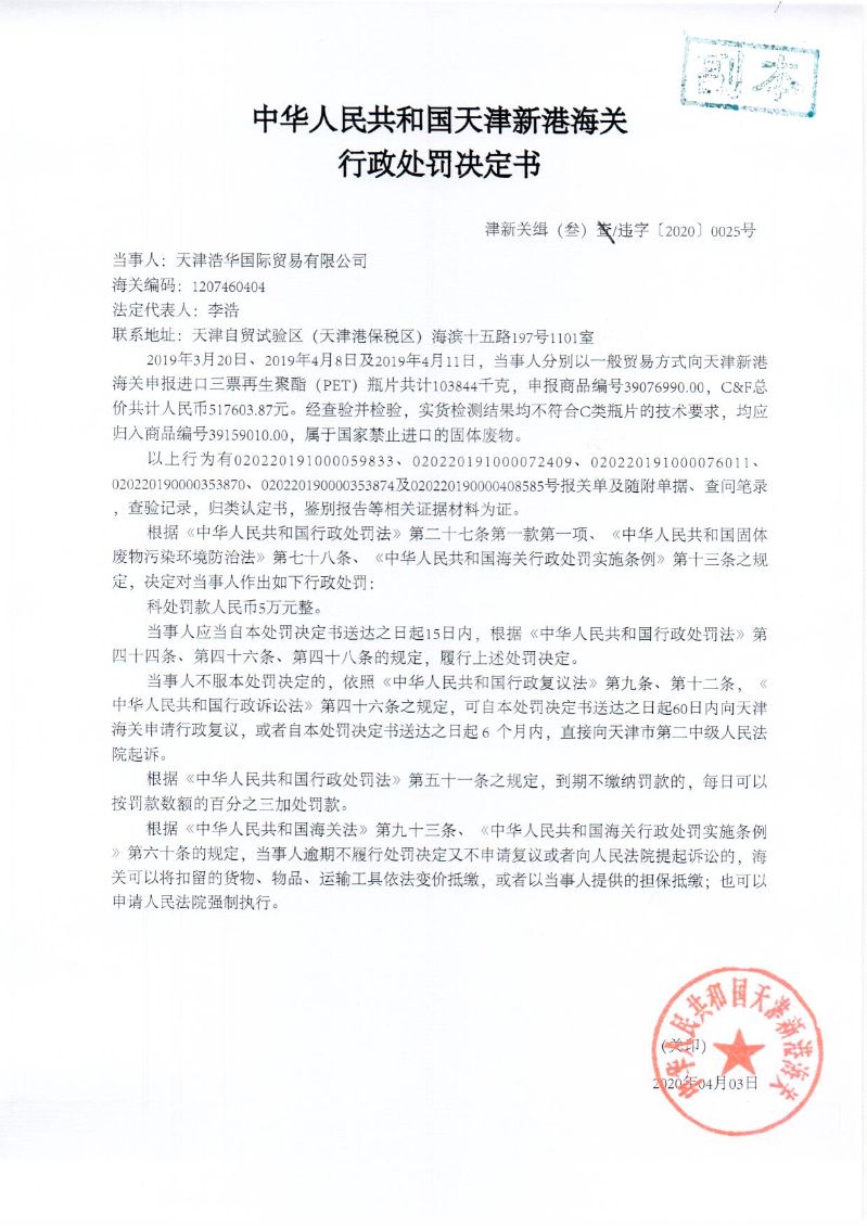 津新关缉（叁）违字〔2020〕0025号 处罚决定书