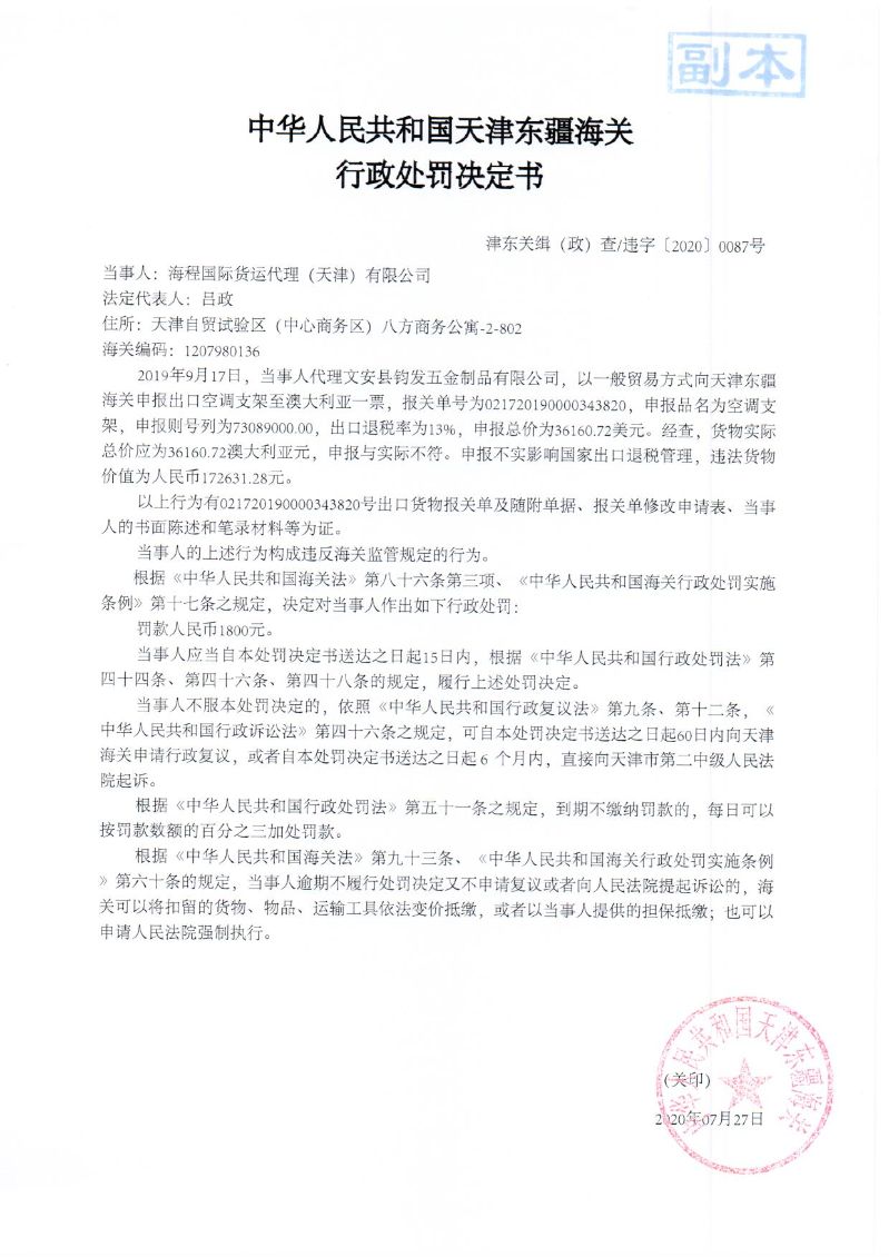 津东关缉（政）查违字〔2020〕0087号行政处罚决定书