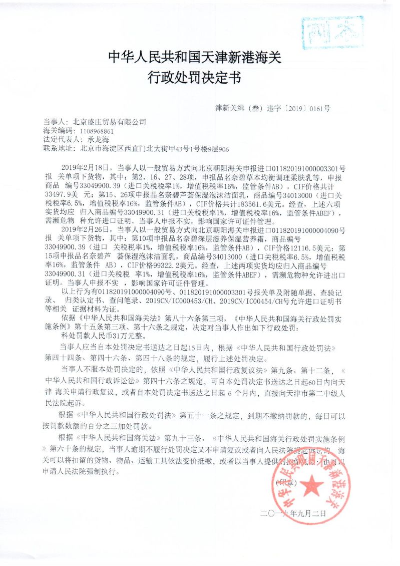 津新关缉（叁）违字[2019]0161号处罚决定书