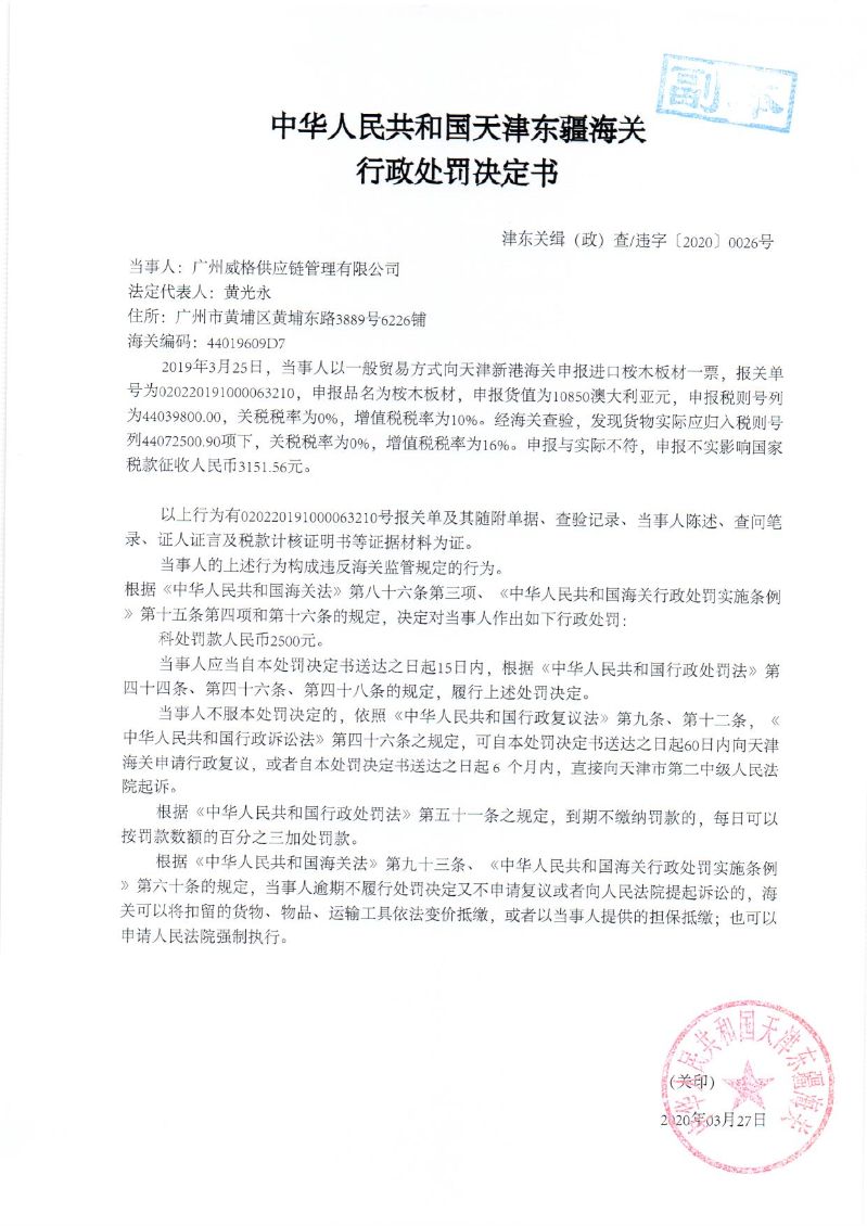 津东关缉（政）查违字〔2020〕〕0026号行政处罚决定书