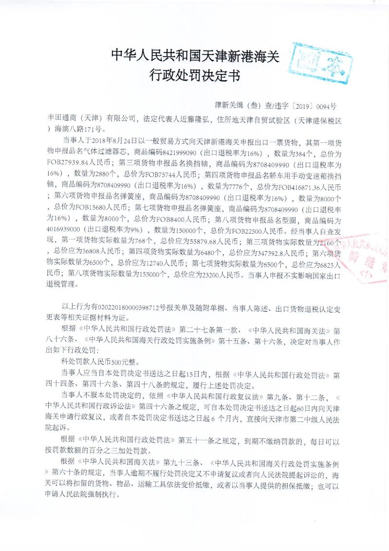 津新关缉违字〔2019〕094号处罚决定书1