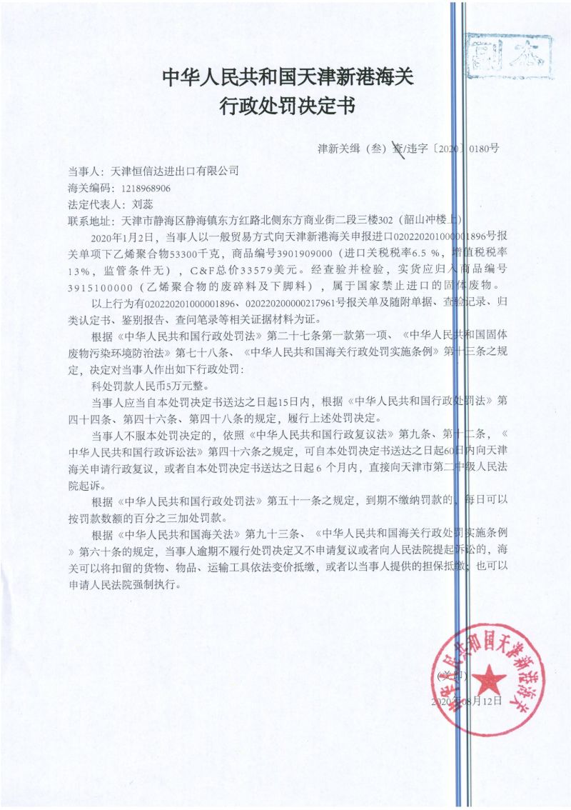 津新关缉（叁）违字〔2020〕0180号处罚决定书
