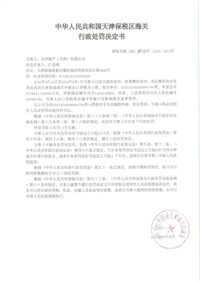 津保关缉（政）违字【2019】0013号决定书