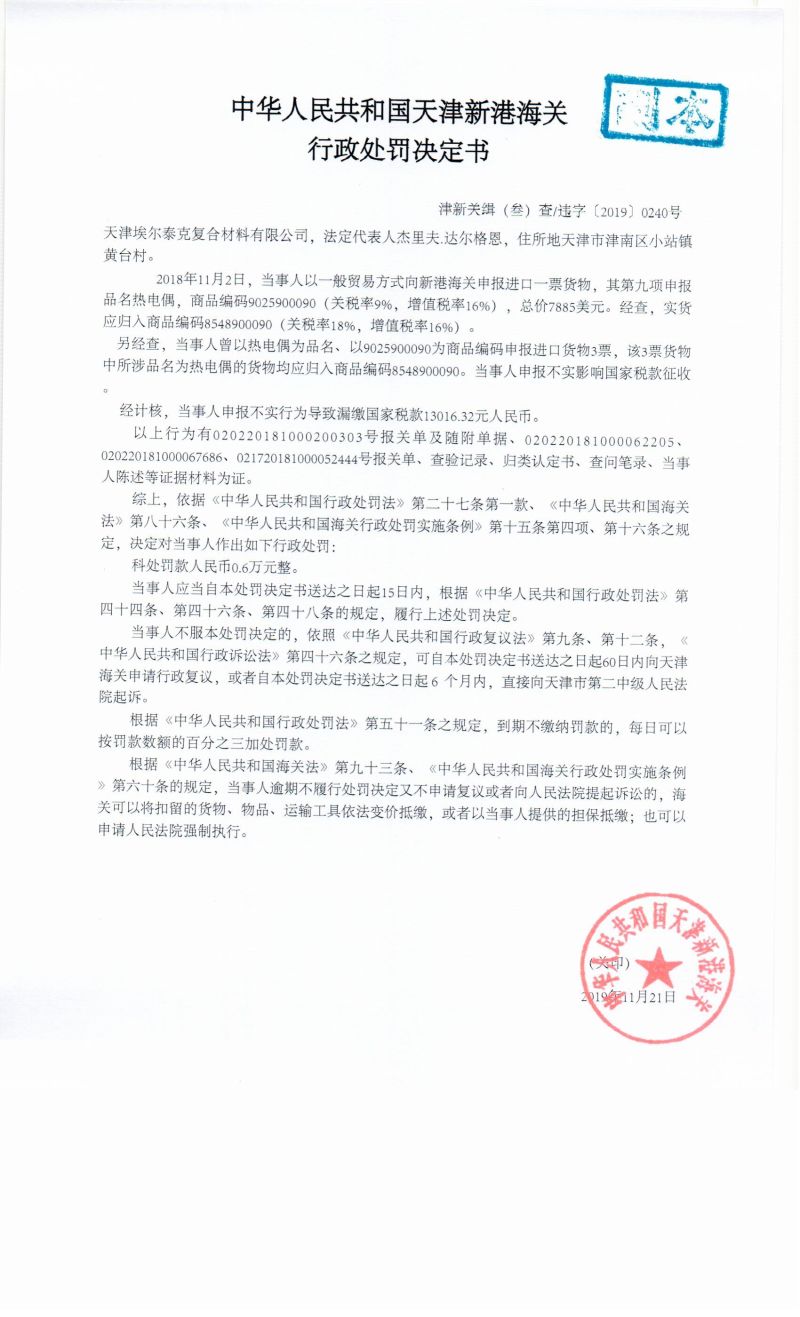 津新关缉违字〔2019〕240号处罚决定书 津新关缉违字〔2019〕240号处罚决定书
