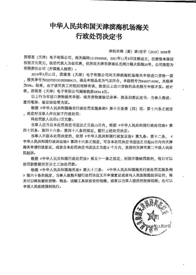 津机关缉（查）查违字〔2019〕0098号行政处罚决定书