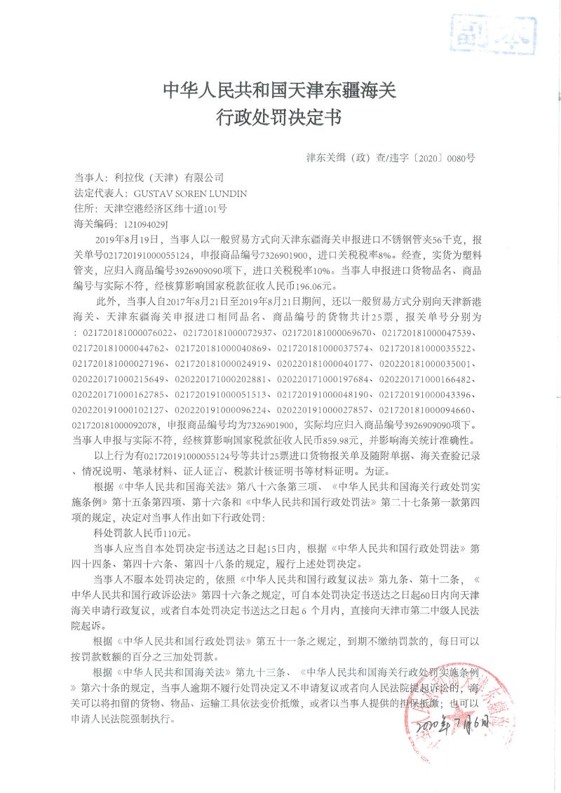 津东关缉（政）查违字〔2020〕0080号行政处罚决定书