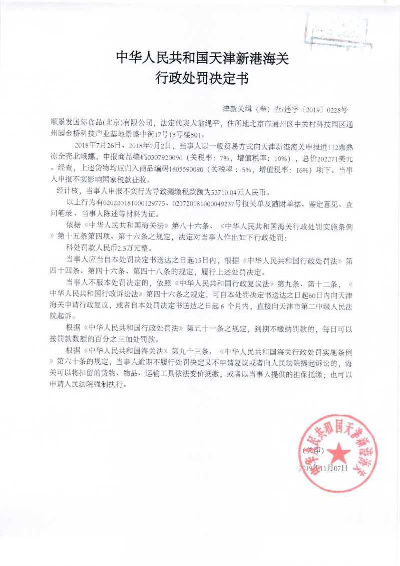 津新关缉违字〔2019〕228号处罚决定书