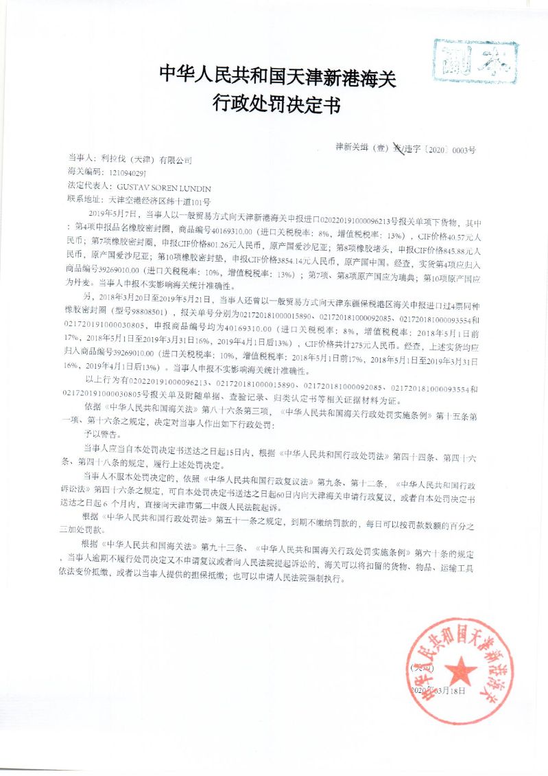 津新关缉(壹)违字〔2020〕0003号处罚决定书 津新关缉(壹)违字〔2020〕0003号处罚决定书