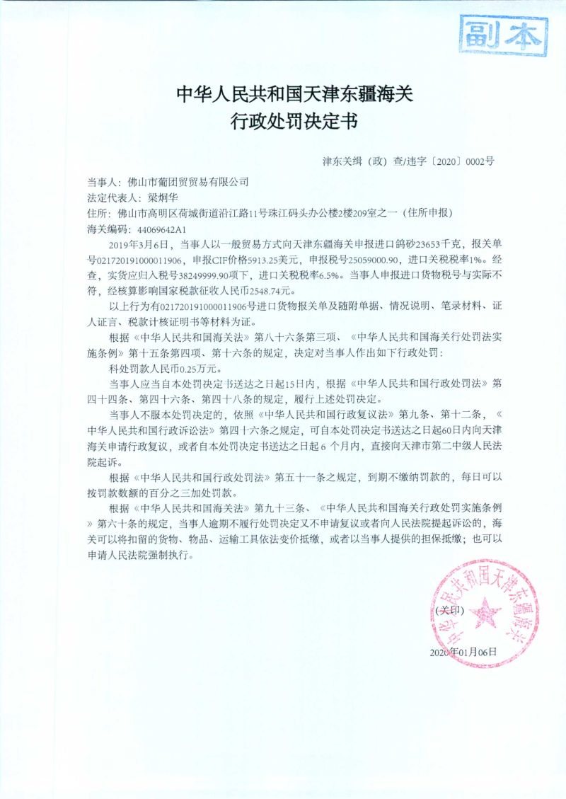 津东关缉（政）查违字〔2020〕0002号处罚决定书